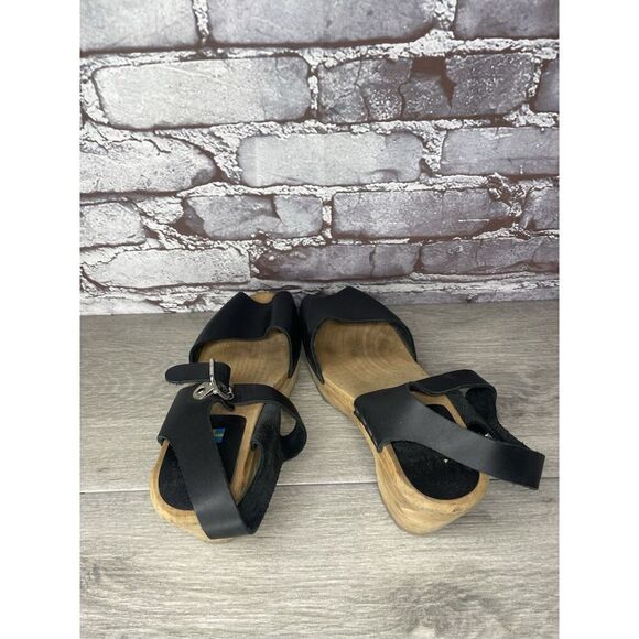 Swedish Hasbeens Black Leather Wooden Heel Peep Toe Ankle Strap Sandals Women 38 - Picture 6 of 16